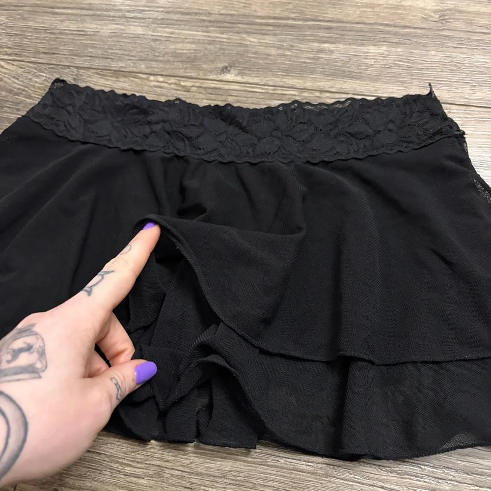 90s European Vintage Mesh Lace Tiered Ruffle Mini Lingerie Skirt (Black) Small
